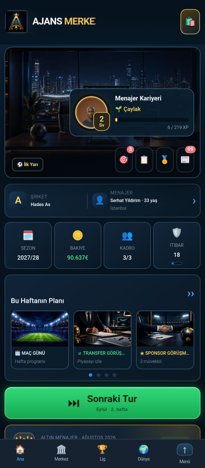 Agency hub — season, balance, squad and reputation at a glance